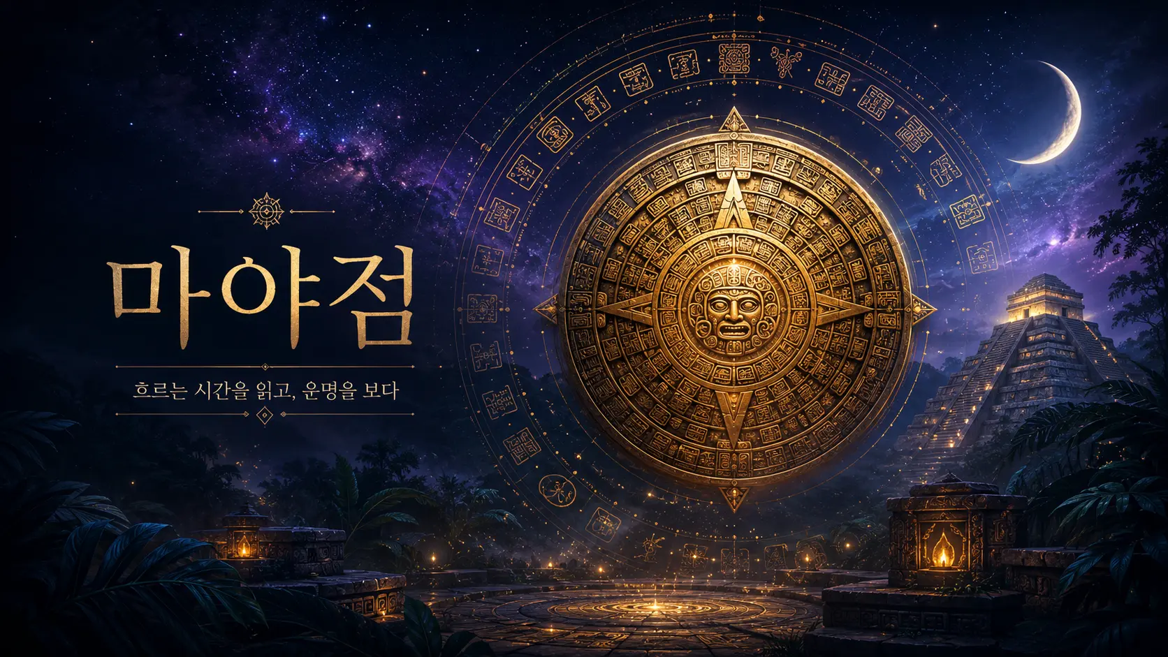 금빛 마야 달력판과 밤하늘의 시간 문양