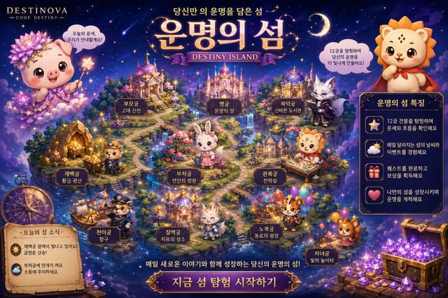 자미두수 운명의 섬 — 12궁 건물이 세워진 밤하늘 섬 위에서 연이와 네오가 안내하는 인터랙티브 맵